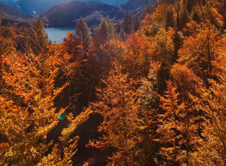 Beautiful nature of European Alps, landscape view of alpine mountains, lake and village in autumn...