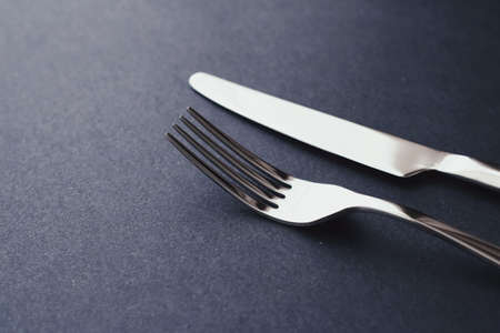 Fork and knife, silver cutlery for table decor, minimalistic design and diet conceptの写真素材