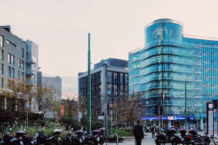 MILAN, ITALY circa January, 2020: Modern buildings on the city center streets of Milan in Lombardy region in Northern Italy, contemporary European architectureのeditorial素材