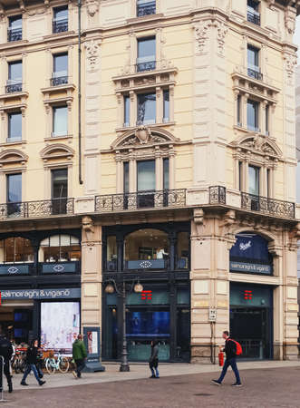 MILAN, ITALY circa January, 2020: Classic European architecture and historical buildings on the city center streets of Milan in Lombardy region in Northern Italyのeditorial素材