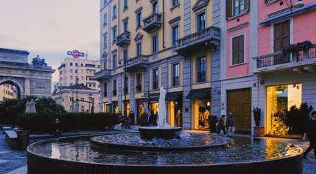 Milan, Italy circa January, 2020: Classic European architecture and historical buildings on the city center streets of Milan in Lombardy region in Northern Italy in the eveningのeditorial素材