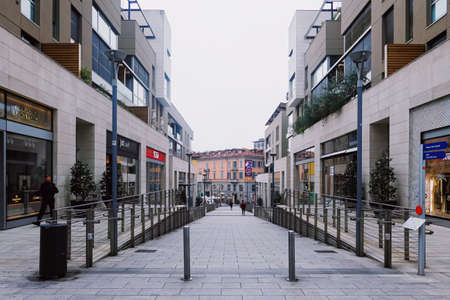 Milan, Italy circa January, 2020: Modern buildings on the city center streets of Milan in Lombardy region in Northern Italy, contemporary European architectureのeditorial素材