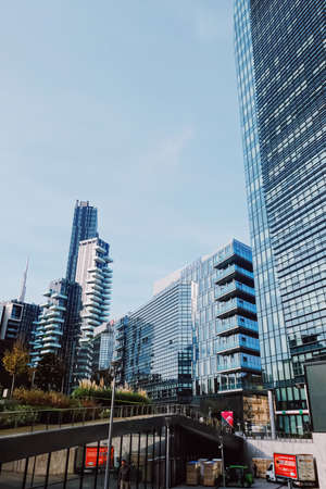 Milan, Italy circa January, 2020: Modern buildings on the city center streets of Milan in Lombardy region in Northern Italy, contemporary European architectureのeditorial素材