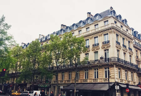 Paris, France circa January, 2020: Parisian architecture and historical buildings, restaurants and boutique stores on streets of Paris, Franceのeditorial素材