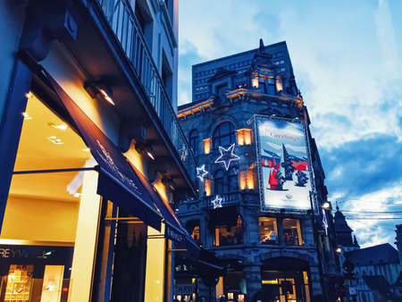 Brussels, Belgium circa January, 2020: Streets of Brussels, the capital city of Belgium, european architecture and historical buildings at nightのeditorial素材