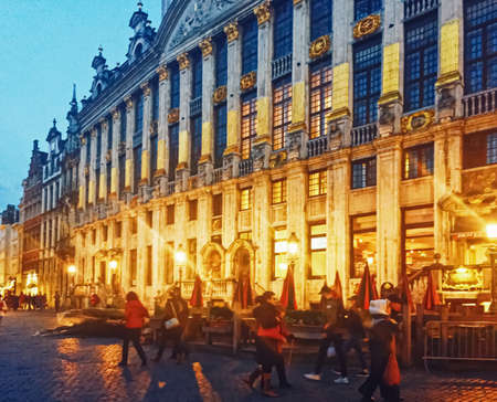 Brussels, Belgium circa January, 2020: The Grand Place square in Brussels, the capital of Belgium, famous historical landmark at nightのeditorial素材