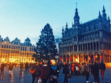 Brussels, Belgium circa January, 2020: The Grand Place square in Brussels, the capital of Belgium, famous historical landmark at nightのeditorial素材