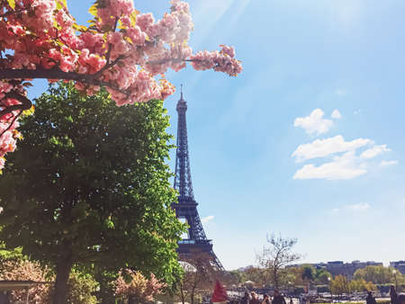 Paris, France circa April, 2019: Eiffel Tower and blue sky, famous landmark in Paris, Franceのeditorial素材