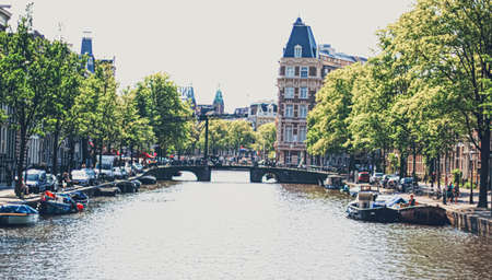 Amsterdam, Netherlands circa April 2020: Main downtown street in the city center of Amsterdam in Netherlandsのeditorial素材
