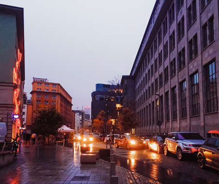 Warsaw, Poland circa May, 2020: Main city center street in the eveningのeditorial素材