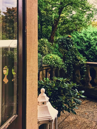 Beautiful green garden with flowers on luxury backyard, nature and landscape designの写真素材