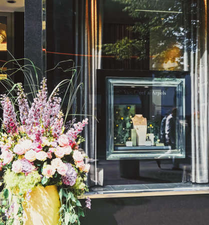 Zurich, Switzerland circa September, 2019: Luxury boutique store on Bahnhofstrasse in Zurich, Switzerland, main downtown street in the city centerのeditorial素材