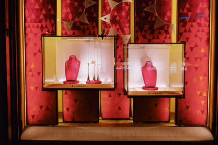 Zurich, Switzerland circa January, 2020: Shop window display of a luxury boutique store on Bahnhofstrasse street in Zurich, Switzerlandのeditorial素材