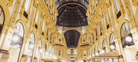 Milan, Italy circa January, 2020: Galleria Vittorio Emanuele in Milan, classic European architecture of Lombardy region in Northern Italy, historical building and famous landmark at nightのeditorial素材