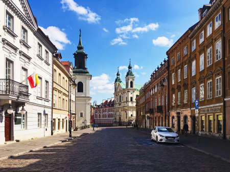 Warsaw, Poland circa May, 2020: Empty streets of Old Town in Warsaw, Poland during pandemic
