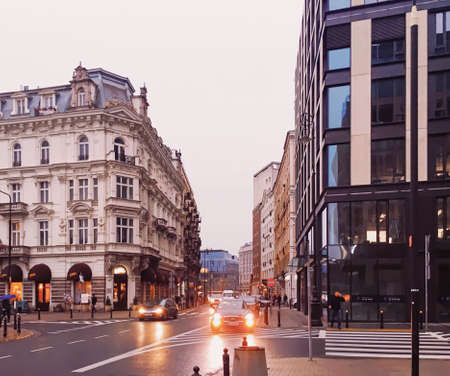 Warsaw, Poland circa May, 2020: Main city center street in the eveningのeditorial素材