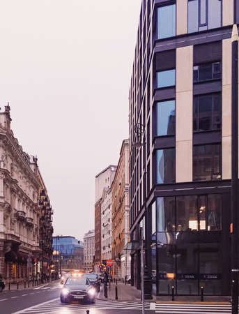 Warsaw, Poland circa May, 2020: Main city center street in the eveningのeditorial素材