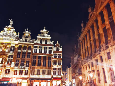 Brussels, Belgium circa January, 2020: The Grand Place square in Brussels, the capital of Belgium, famous historical landmark at nightのeditorial素材
