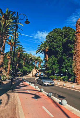 Kos Island, Greece circa May 2020: Empty road and palm trees in town