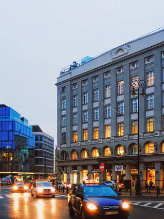 Warsaw, Poland circa May, 2020: Main city center street in the eveningのeditorial素材