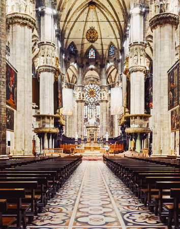 Milan, Italy circa January, 2020: Interior of Milan Cathedral known as Duomo di Milano, historical building and famous landmark in Lombardy region in Northern Italyのeditorial素材