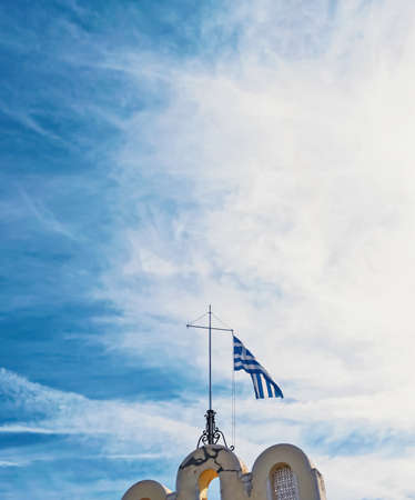 Greek flag and blue sky, travel and politics conceptの写真素材