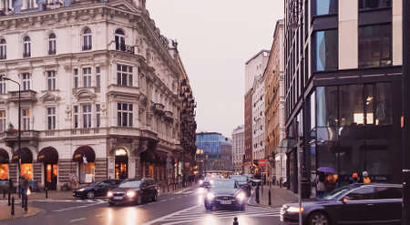 Warsaw, Poland circa May, 2020: Main city center street in the eveningのeditorial素材