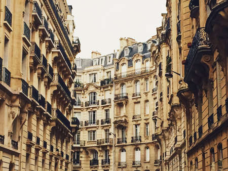 Paris, France circa January, 2020: Parisian architecture and historical buildings, restaurants and boutique stores on streets of Paris, Franceのeditorial素材