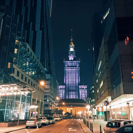 Warsaw, Poland circa May, 2020: Main city center street in the eveningのeditorial素材