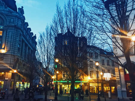 Brussels, Belgium circa January, 2020: Streets of Brussels, the capital city of Belgium, european architecture and historical buildings at nightのeditorial素材