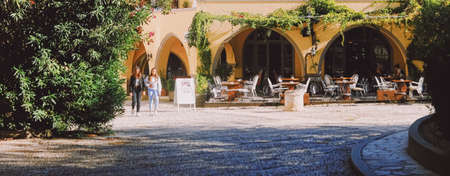 Kos Island, Greece circa May 2020: Empty local restaurant outdoorsのeditorial素材