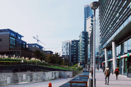 Milan, Italy circa January, 2020: Modern buildings on the city center streets of Milan in Lombardy region in Northern Italy, contemporary European architectureのeditorial素材