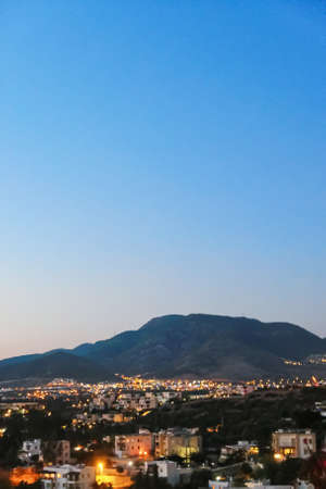 Night view of a village in mountains, landscape and nature sceneの写真素材