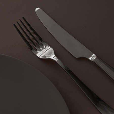 Empty plate and cutlery as mockup set on dark brown background, top tableware for chef table decor...