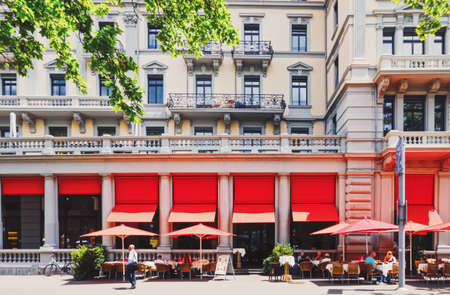 Zurich, Switzerland circa September, 2019: Restaurant on the city center street of Zurich in...