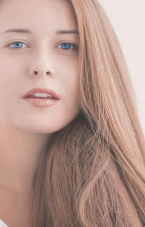 Woman as closeup beauty face portrait, young model with natural makeup look and long hairstyle for...