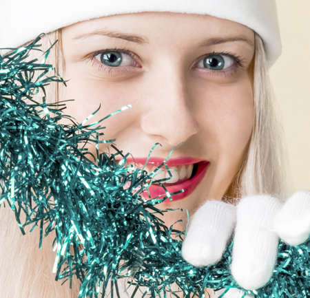 Blonde model in Christmas time, woman with positive emotion in winter season for shopping sale and holiday brandsの写真素材