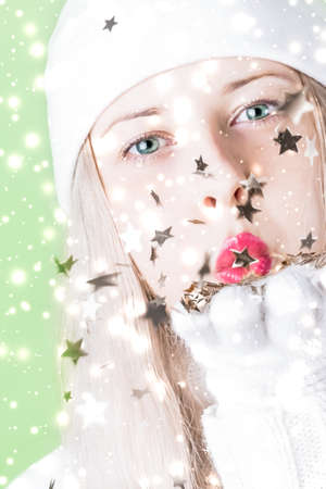 Happy Christmas and glitter snow background, blonde woman with positive emotion in winter season for...