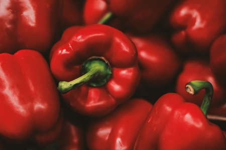 Red bell peppers on farmers market, organic food and agriculture