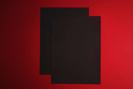 Black A4 papers on red background as office stationery flatlay, luxury branding flat lay and brand identity design for mockupの写真素材
