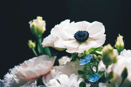 Flower bouquet on black background, beautiful floral arrangement, creative flowers and floristic design ideaの写真素材