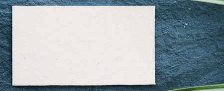 White business card flatlay on dark stone background and green exotic leaf, luxury branding flat lay...