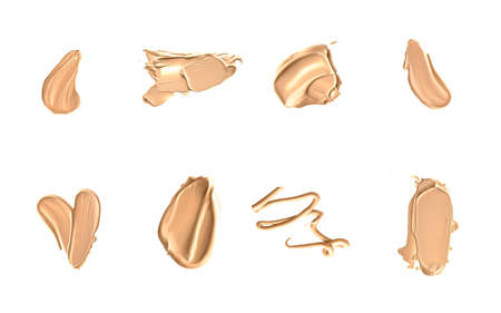 Beige beauty cosmetic texture isolated on white background, smudged makeup emulsion cream smear or foundation smudge, crushed cosmetics product and paint strokesの写真素材