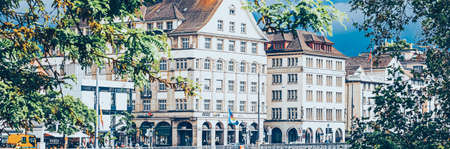 Cinematic view of historic Old Town streets and buildings near main train station Zurich HB,...