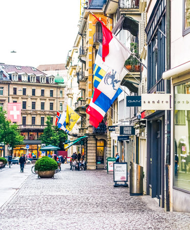 Shopping streets and historic Old Town buildings, shops and luxury stores near main downtown Bahnhofstrasse street, Swiss architecture and travel destination in Zurich, Switzerlandのeditorial素材
