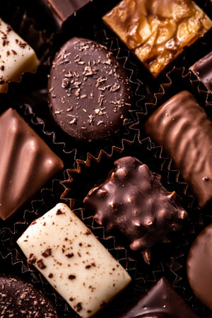 Swiss chocolates in gift box, various luxury pralines made of dark and milk organic chocolate in chocolaterie in Switzerland, sweet dessert food as holiday present and premium confectionery brandの写真素材