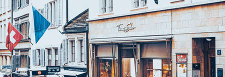 Cinematic view of historic Old Town, shops and luxury stores near main downtown Bahnhofstrasse...