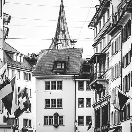 Zurich, Switzerland view of historic Old Town buildings near main railway train station Zurich HB,...