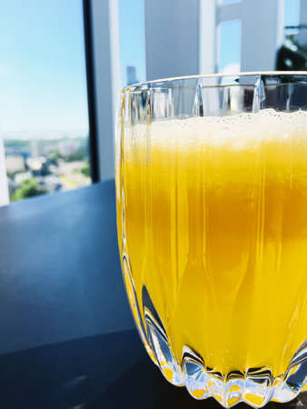 Healthy drink, fruit vitamins and beverage menu, fresh juice in luxury restaurant outdoors, food service and wellness breakfast conceptの写真素材