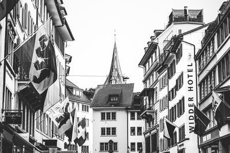 Vintage monochrome view of historic Old Town, shops and luxury stores near main downtown Bahnhofstrasse street, Swiss architecture and travel destination in Zurich, Switzerlandのeditorial素材